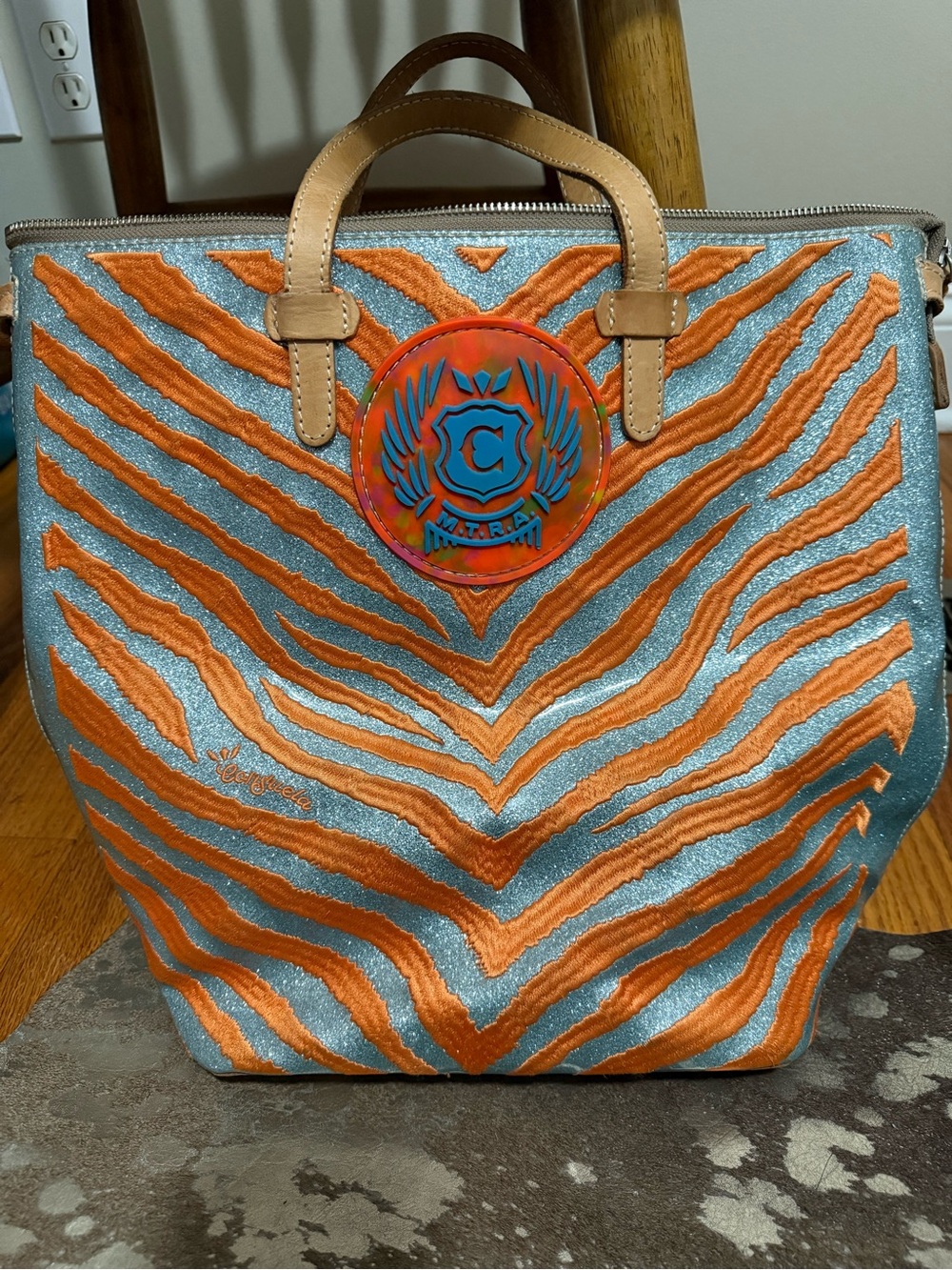 Consuela Black Tote with Tan Leather Logo Trim